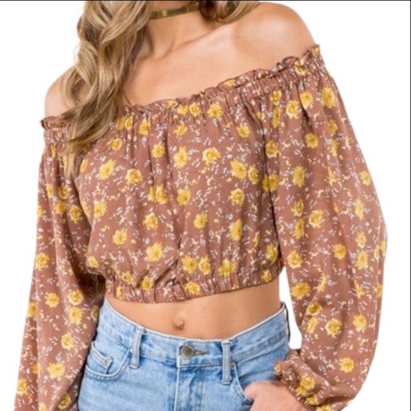 Altar’d State Floral Ruched‎ Crop Top Large Off The Shoulder Cottagecore Boho - Picture 1 of 4